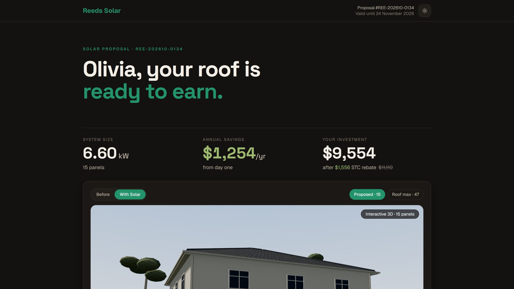 Solarentiva customer proposal with system size, savings and investment